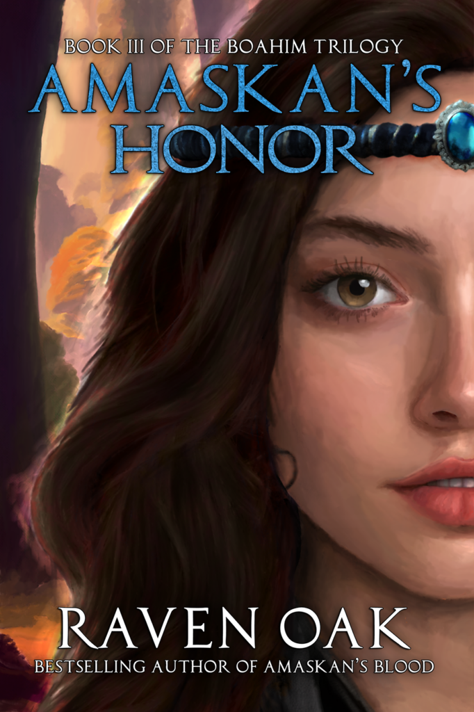 Book cover for the book Amaskan's Honor by Raven Oak. Artwork by Raven Oak featuring half of a woman's face with a forest background. Book cover design by D. L. Designs.